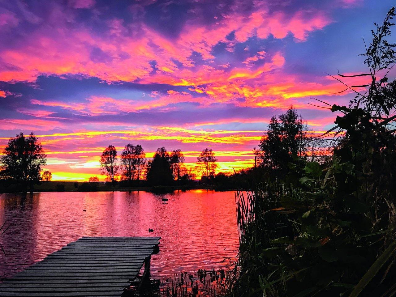 Die Wolken sind Lila, Pink und Gelb, ihre Farben spiegeln sich beim Sonnenuntergang im Wasser